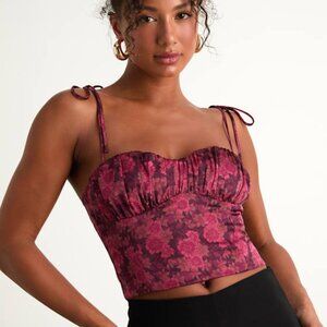 Lulus Raissa Burgundy Floral Satin Tie-strap Crop Top Red - Size S